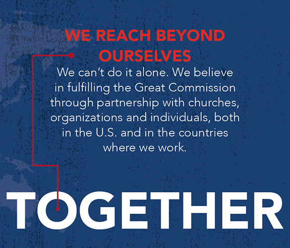 Graphic that says: We Reach Beyond Ourselves: We can't do it alone. We believe in fulfilling the Great Commission through partnership with churches, organizations and individuals, both in the U.S. and in the countries where we work.