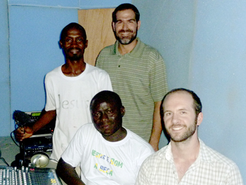 HCJB Global missionaries and local staff in the radio studio.<em> Front to back:</em> Alex, Lai, Bynas, Jeremy Maller.