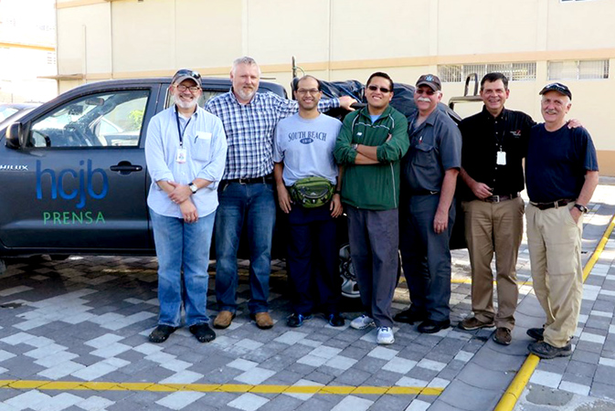 Tuesday morning in Quito before the four doctors left for Atacames. Left to right: Dr. Joe Martin, Hermann Schirmacher, Dr. Jack Peña, Dr. Hugo Espejo, Darrell Holden, Dan Shedd, Dr. Steve Nelson.