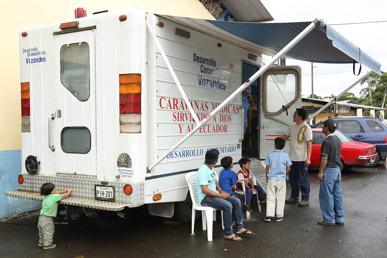 Reach Beyond's mobile medical clinic truck attracts local residents in a remote community.