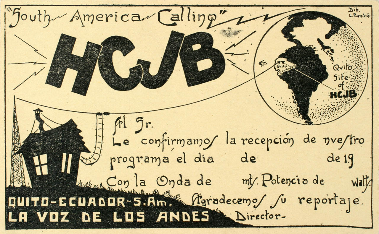 Radio Station HCJB's first QSL card sent to listeners in 1932.
