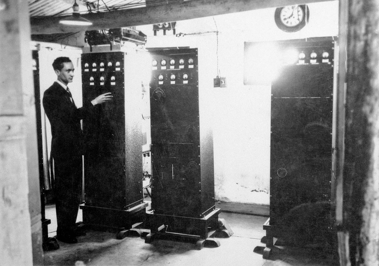1937 HCJB's first Ecuadorian Engineer Victorian Salvador with the 10,000 Watt transmitter he designed and built for Radio Station HCJB.