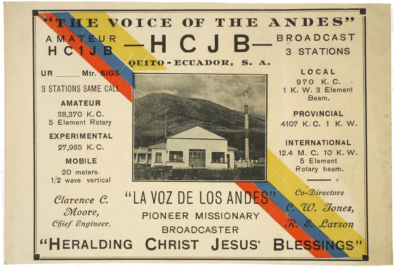 Radio Station HCJB's QSL card from 1940 that was sent in response to listeners letters.