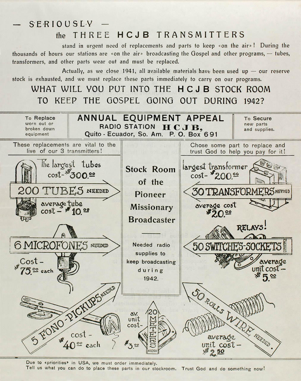 Radio Station HCJB's Engineering replacement parts requestfor 1942