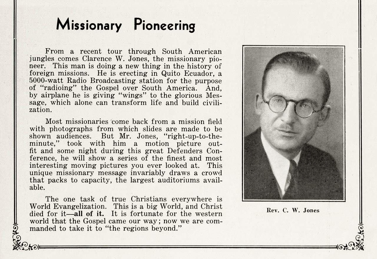 Clarence Jones Missionary Pioneering ad for a missions conference. 