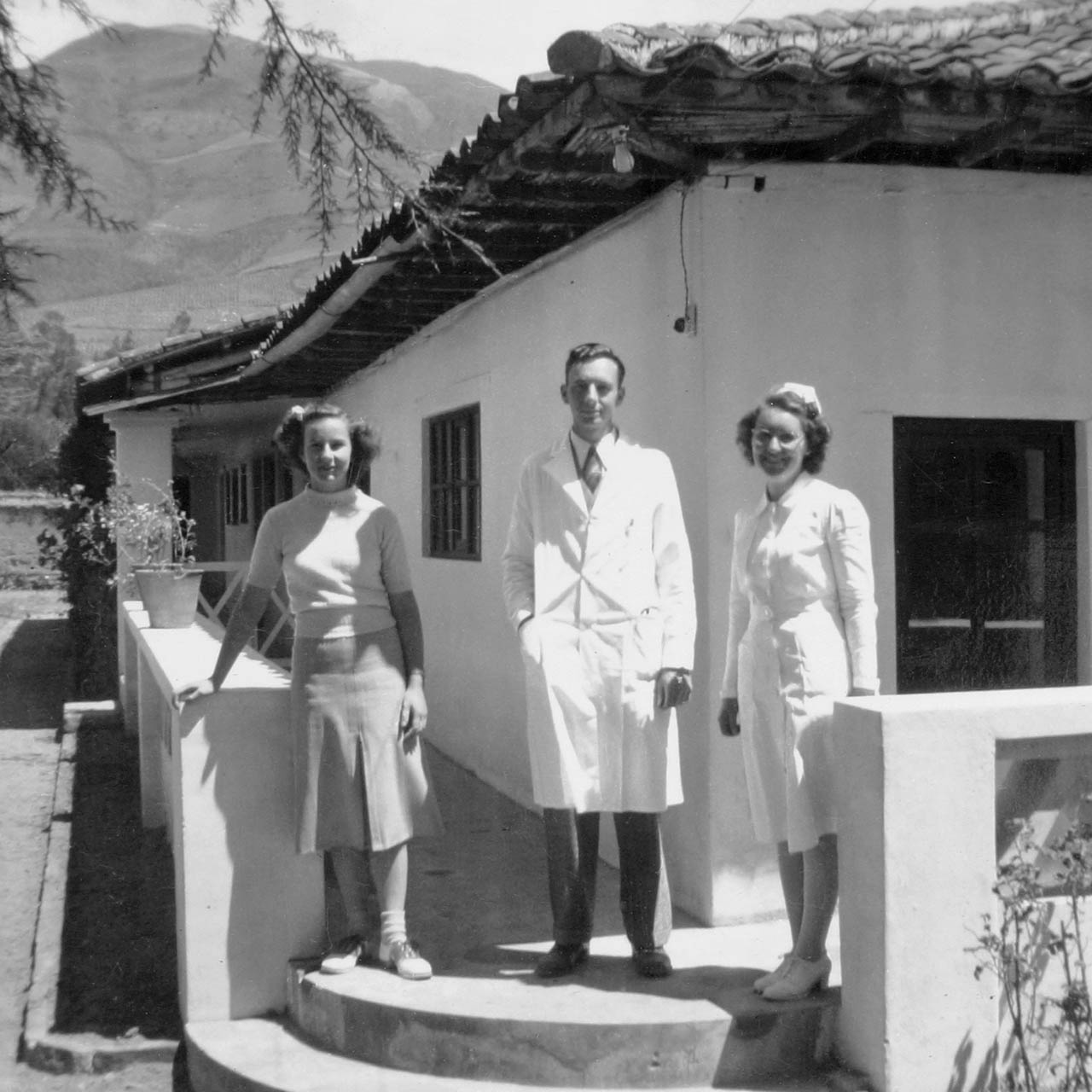 1949 Ready for a day's work at the Clinic. Dr. Paul Roberts, Miss Erb, Lucille Lurner, our helper. 
