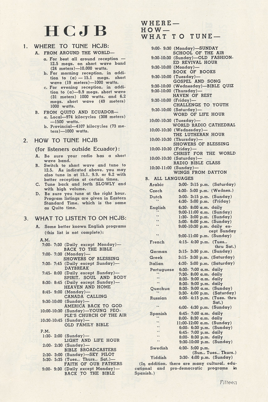 Partial HCJB Broadcast Schedule December 1945