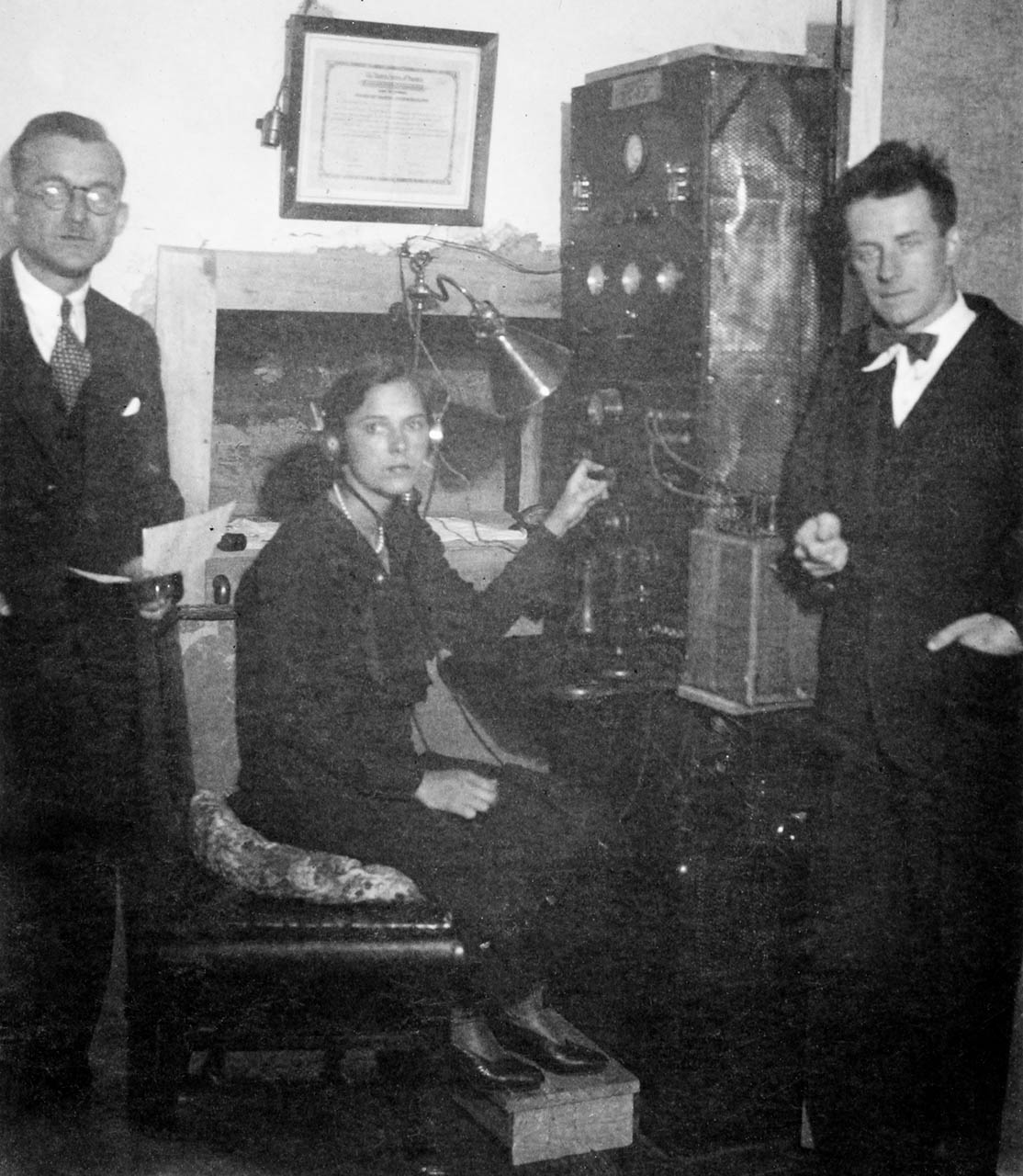 Clarence Jones with Eric and Ann Williams with the original Radio Station HCJB transmitter.