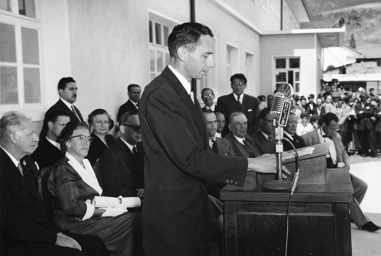 Dr. Paul Roberts speaks at the 1955 inauguration of Rimmer Memorial Hospital, now known as Hospital Vozandes Quito.