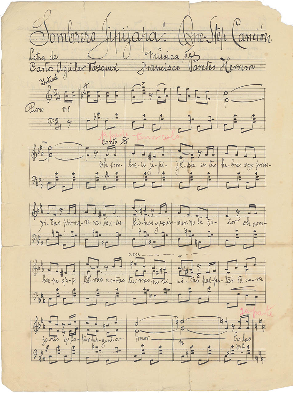Sombrero Jipijapa - Original sheet music sent to Radio Station HCJB for its artist to perform on the air. 