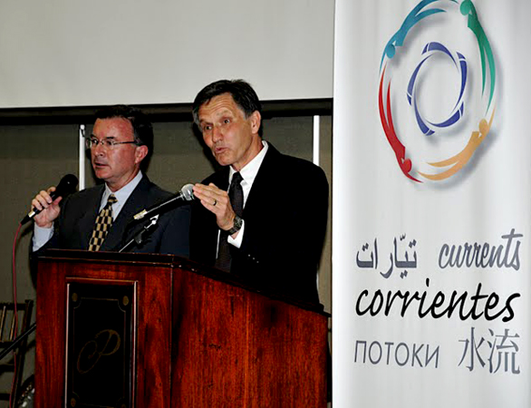 With translation by Allen Graham (left), former Reach Beyond President Wayne Pederson inaugurates Corrientes (archive photo).