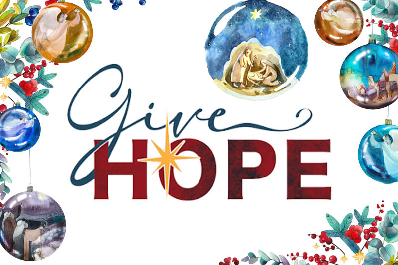 Give Hope illustration with nativity scene ornaments