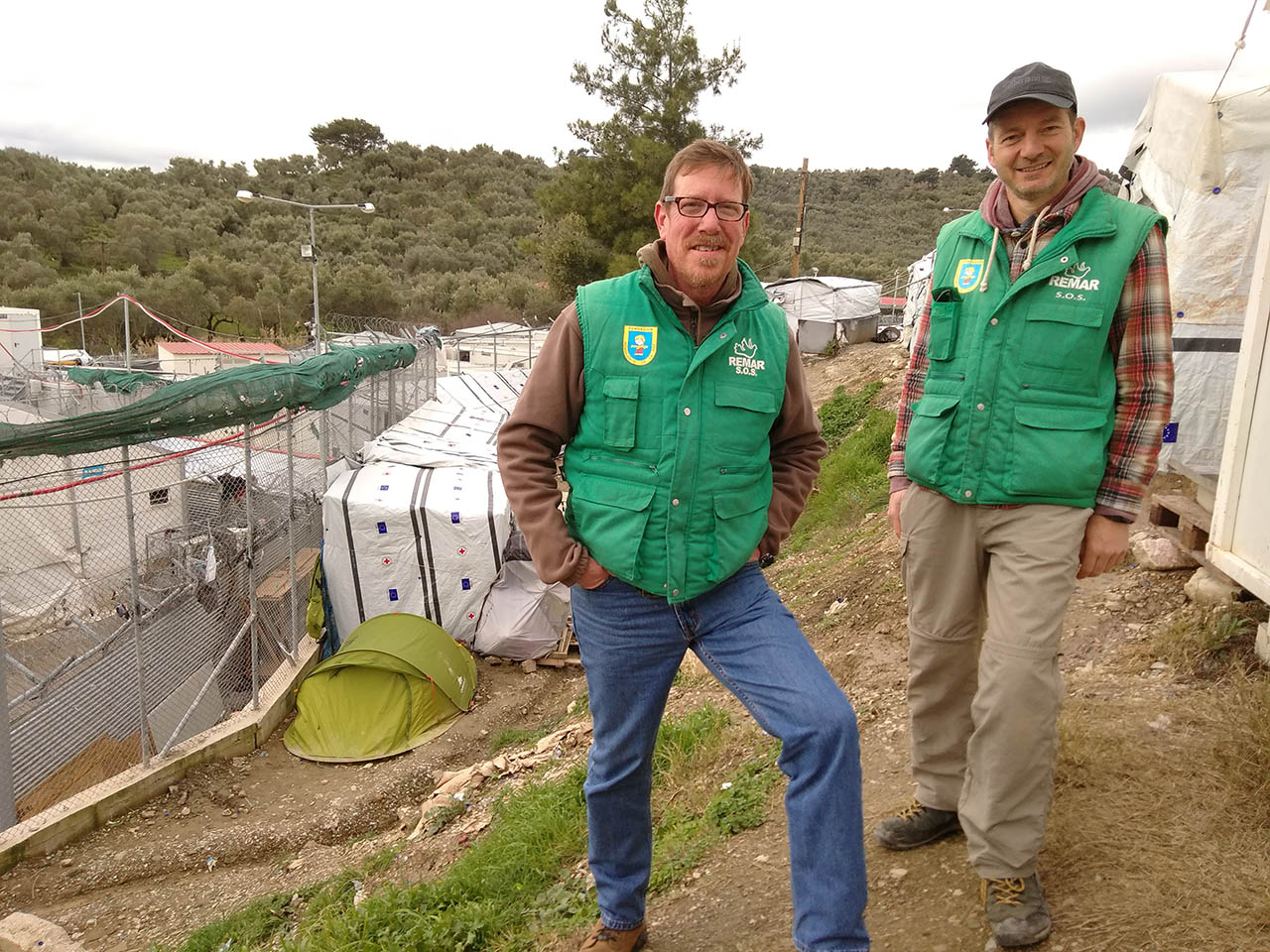 Team members at the Moria refugee camp in Greece