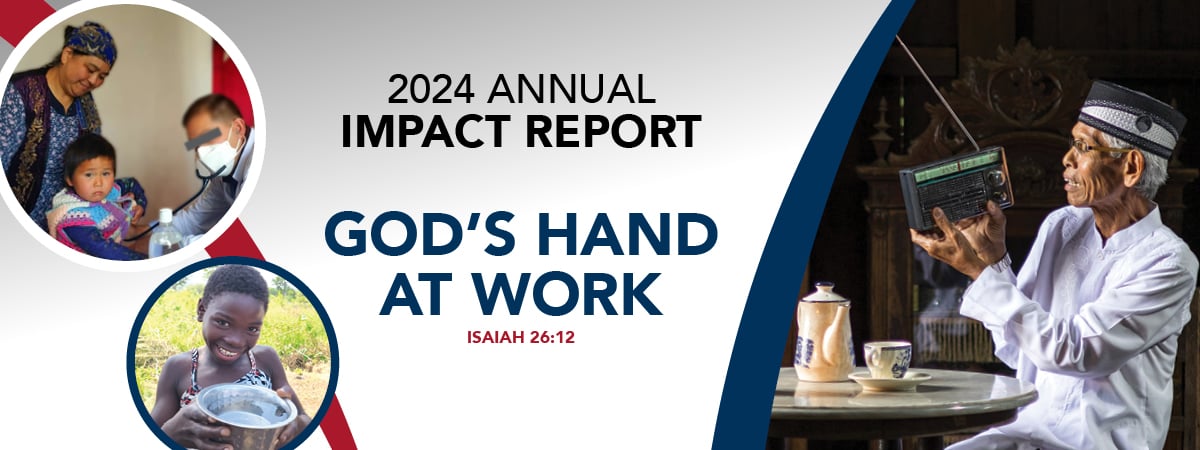 Collage of images showing Reach Beyond's ministries including radio, healthcare, and community development, 