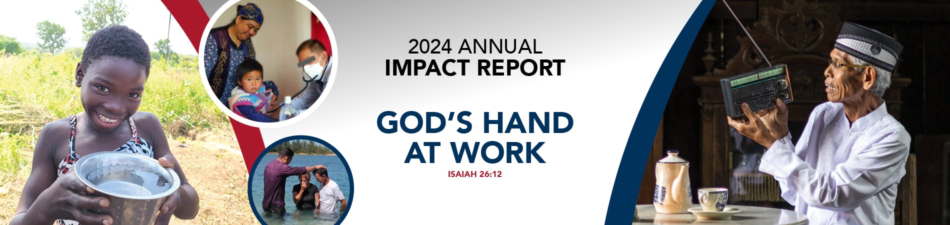 Collage of images showing Reach Beyond's ministries including radio, healthcare, and community development, 