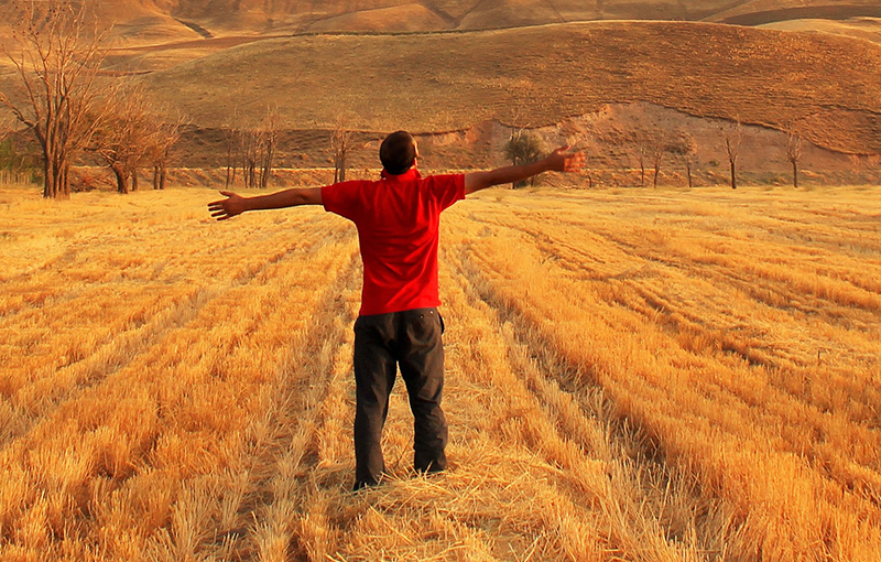 Man walking through harvested fields with hands spread wide in the shape of a cross