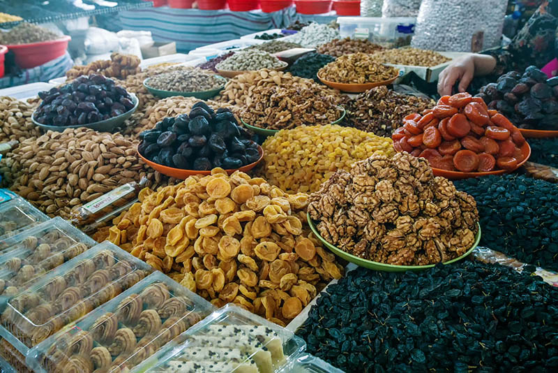 A typical fruit and nut market in Central Asia