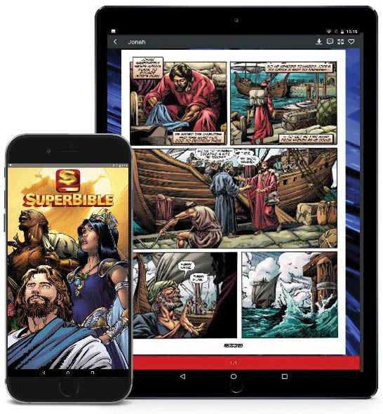 SuperBible App showing Bible stories on a mobile phone and tablet