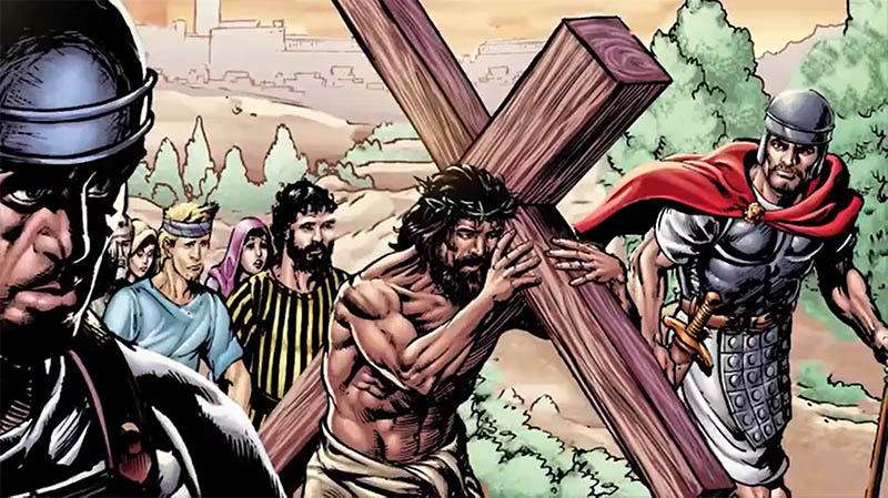 SuperBible illustration of Jesus carrying the cross through the streets of Jerusalem..