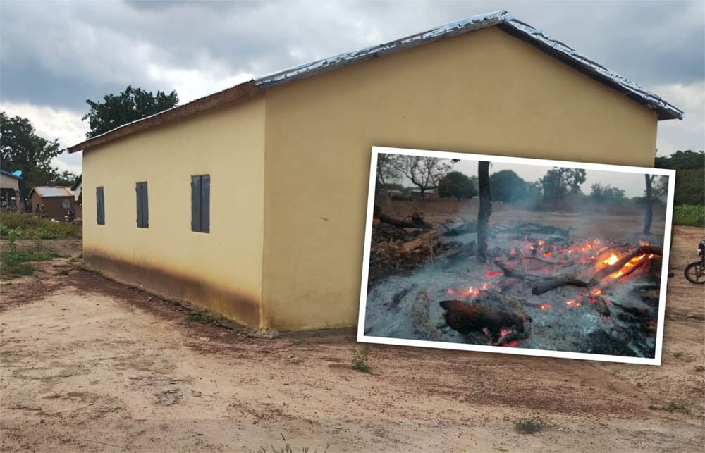 New finished church with inset photo of the intentionally set fire