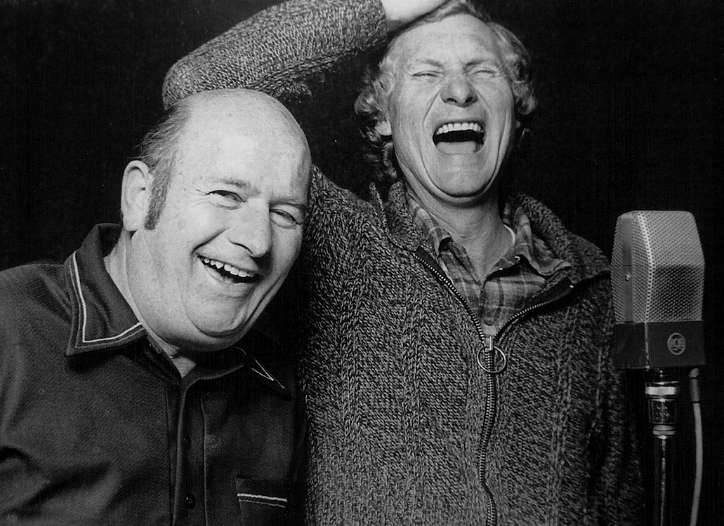 Boisterous laughter characterized "The Cracker Barrel," a five-minute program co-hosted by Leonard Booker (left) and Travis Gowan for many years on Radio Station HCJB.
