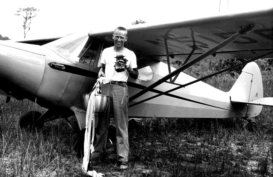 MAF pilot Nate Saint in front of the plane he landed in Waorani territory with four other missionaries in 1956. Photo courtesy of Mission Aviation Fellowship.
