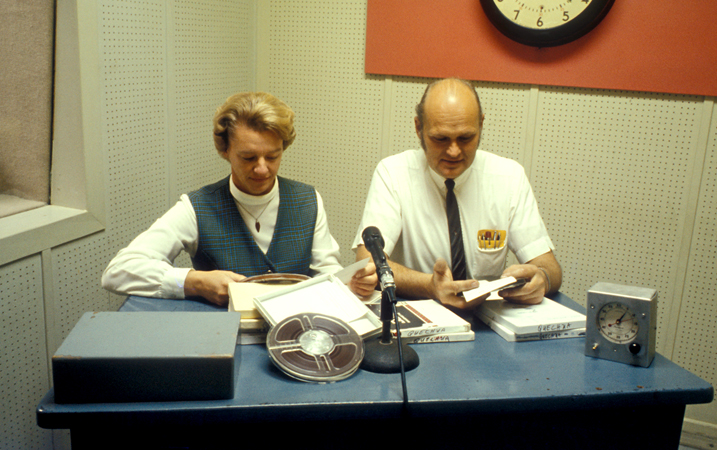 Ralph and Gwen Horm help with a Quichua radio program in the studios of HCJB in Quito..
