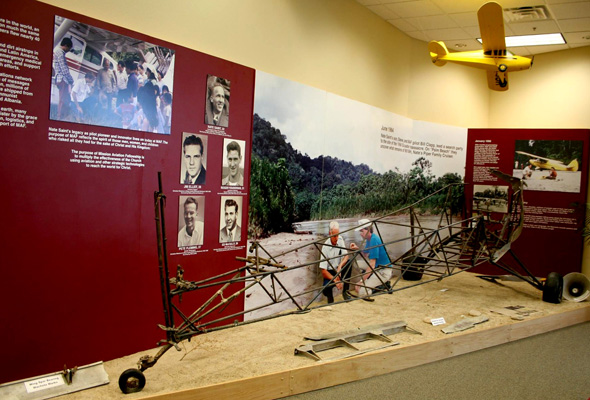 Display set up at Mission Aviation Fellowship's headquarters in Nampa, Idaho, honoring the five missionaries who were martyred on Jan. 8, 1956. Featured is what was left of the Piper plane destroyed by the Waorani killers. The plane was recovered decades after the event in the shifting sands of the Curaray River.